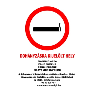 DOHÁNYZÁSRA KIJELÖLT HELY (ÖT NYELVŰ, A4-ES TÁBLA)